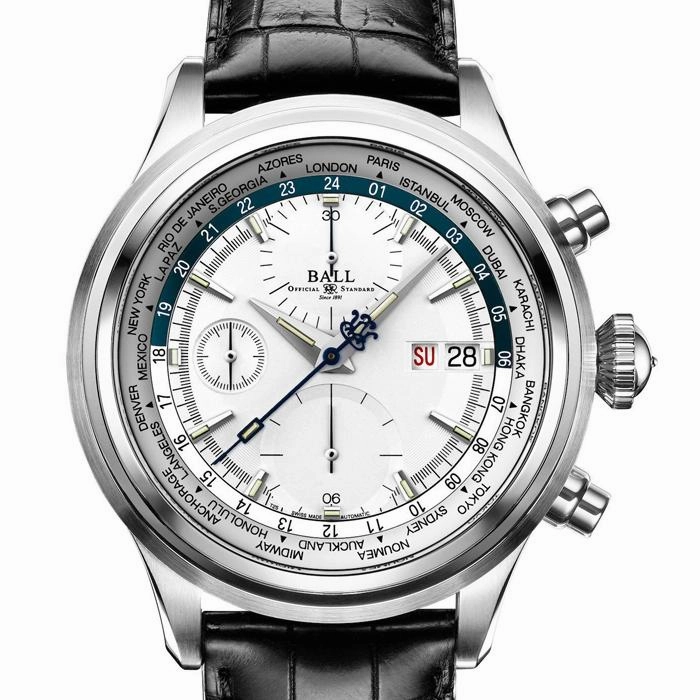 BALL Watch Trainmaster Worldtime Chronograph Automatic Stainless Steel Leather Strap Watch, CM2052D-LL1J-SLBE