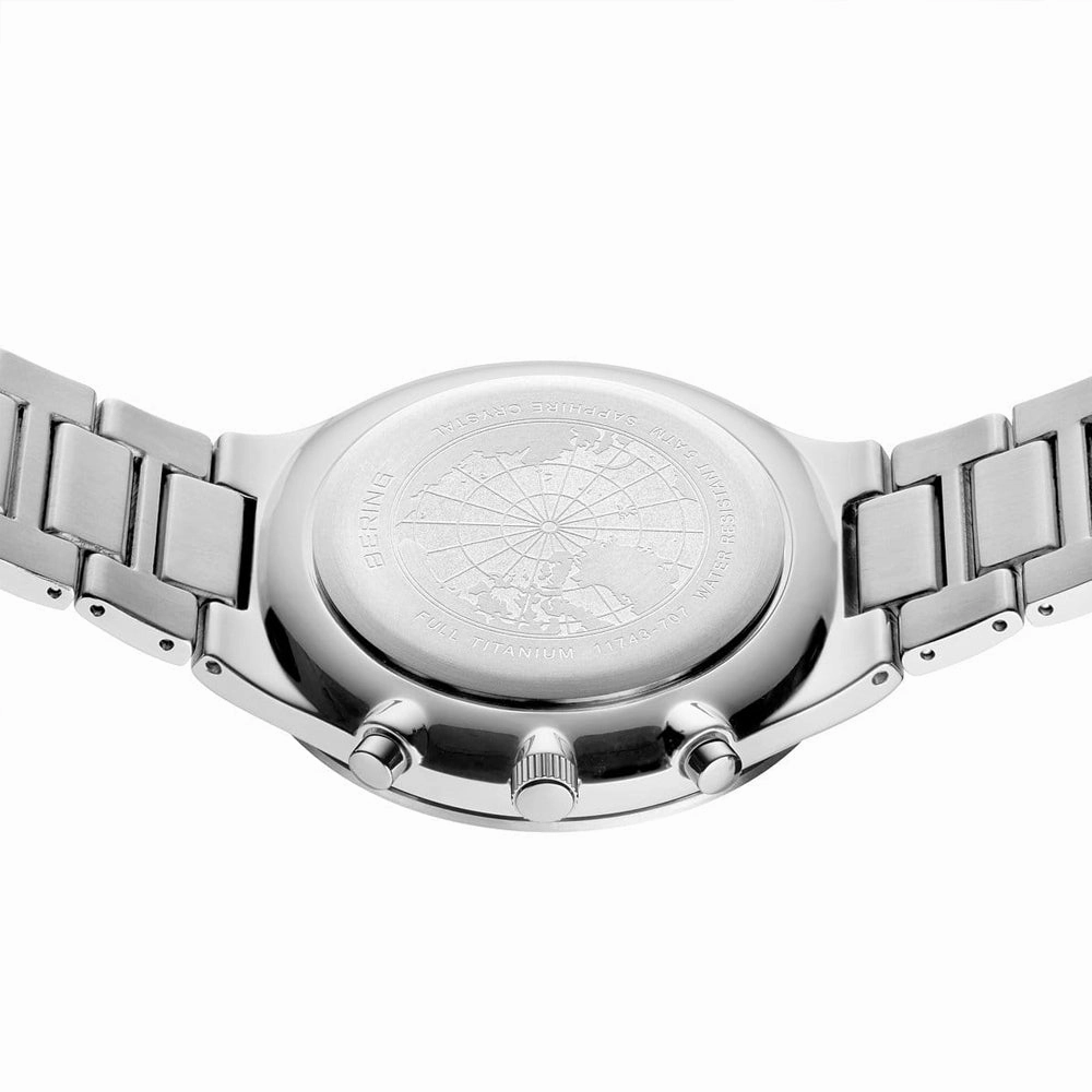 Bering Titanium Mens Brushed Silver Titan Chrono Watch with Blue Sunray Dial 11743-707