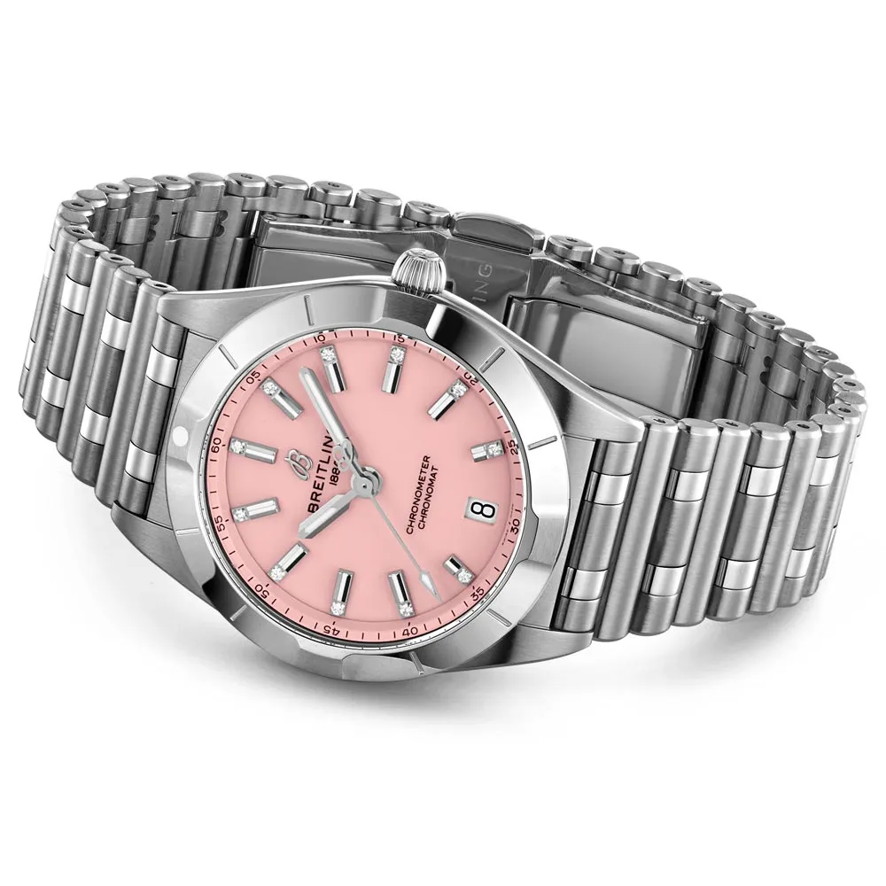 Breitling Chronomat 32mm Pink Dial Diamond Ladies Quartz Watch A77310101K1A1