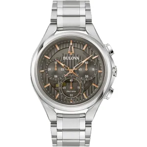 Bulova Men's Watch - Curv Quartz Chrono Grey Dial Silver Steel Bracelet | 96A298
