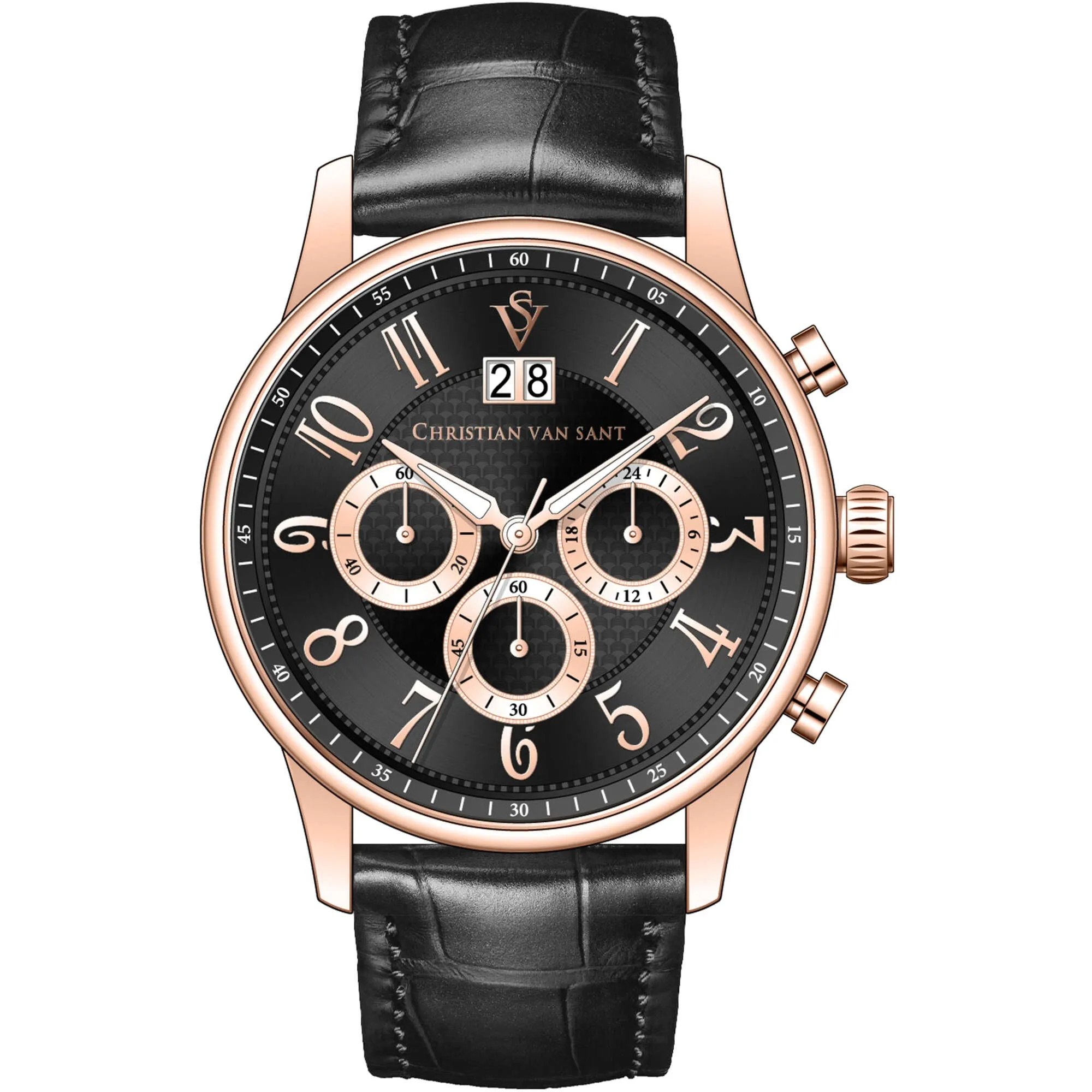 Christian Van Sant Men's Watch - Heritage Chrono Black Dial Leather Strap | CV3944