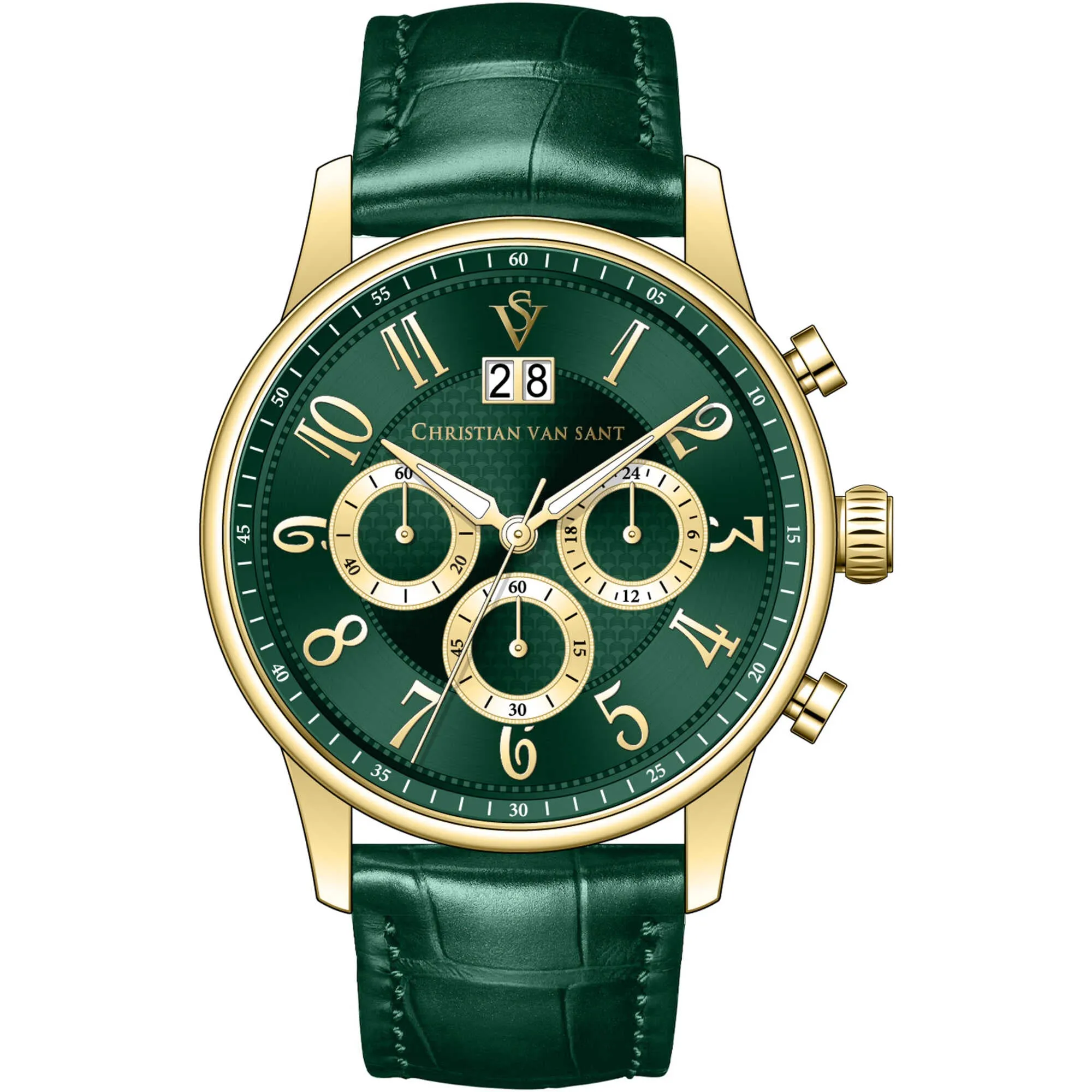 Christian Van Sant Men's Watch - Heritage Chrono Green Dial Leather Strap | CV3943