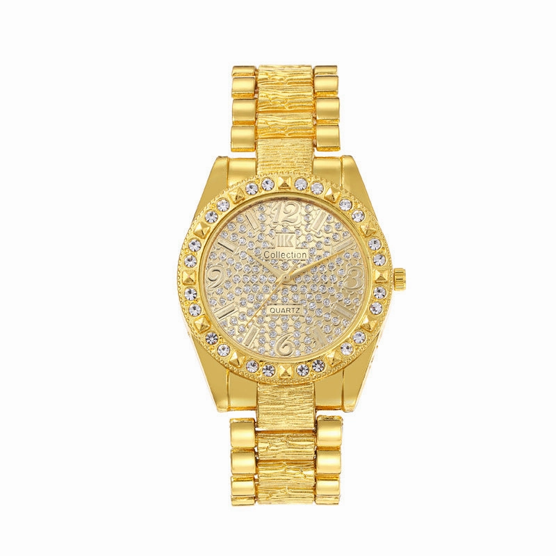 Diamond-Embedded Engraved Quartz Watch Unisex