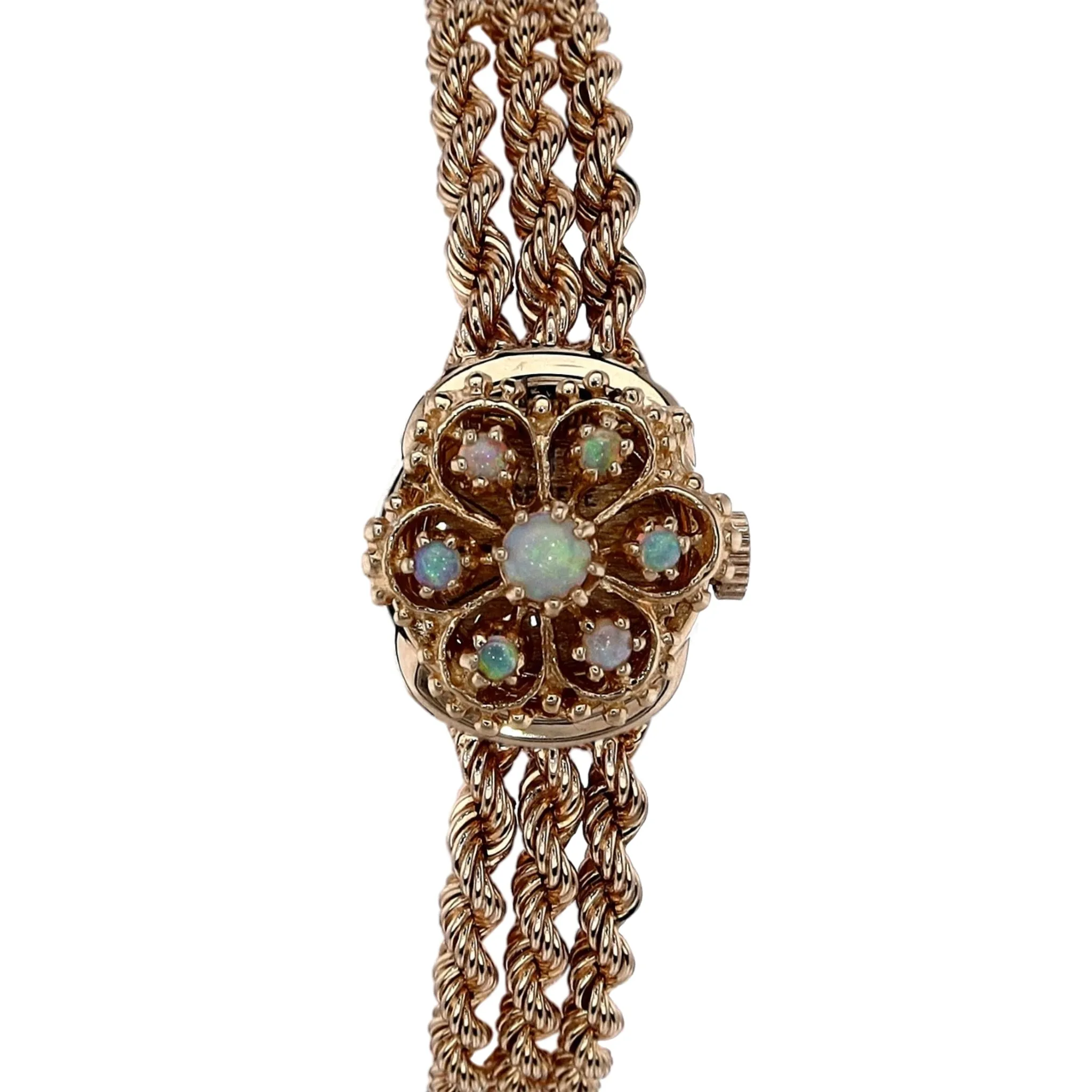 Estate Geneve 14k Yellow Gold Triple Rope Chain Bracelet Textured Gold Dial Opal Cover Watch