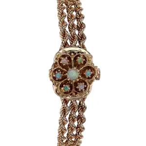 Estate Geneve 14k Yellow Gold Triple Rope Chain Bracelet Textured Gold Dial Opal Cover Watch