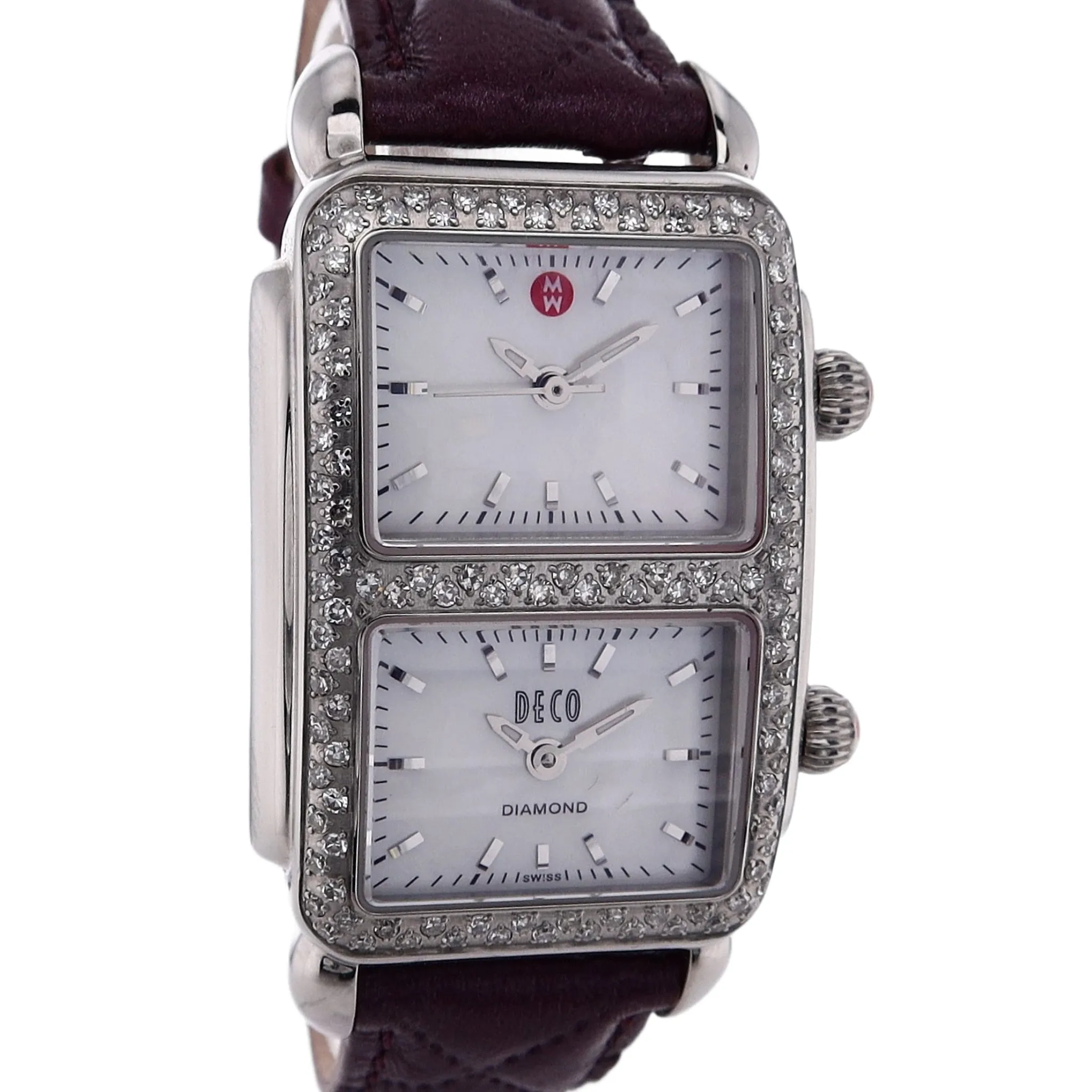 Estate Michele Stainless Steel Deco Park Dual Time Mother of Pearl Dial Light Violet Quilted Strap MW06S01A1025 With Box
