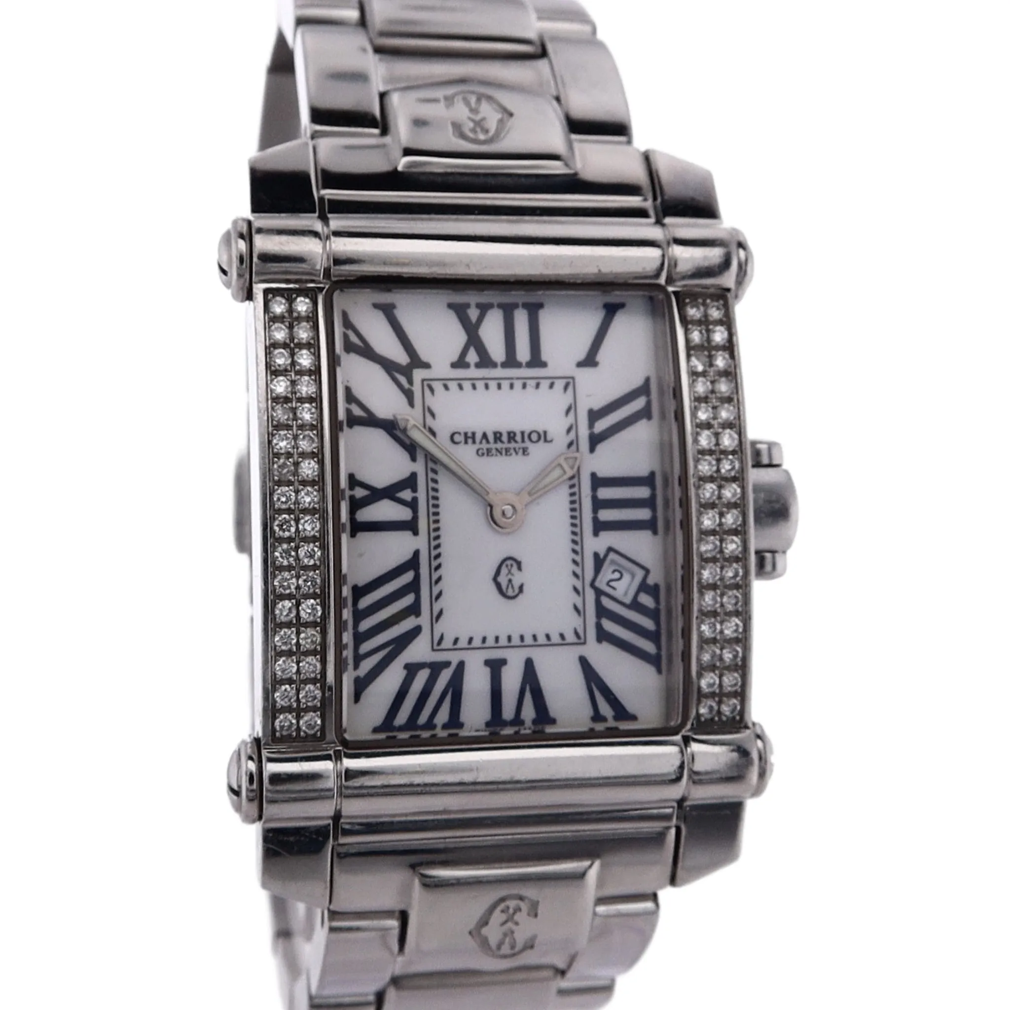 Estate Philippe Charriol Stainless Steel Colvmbvs White Roman Dial Diamond Bezel Polished Bracelet CCSTRH2