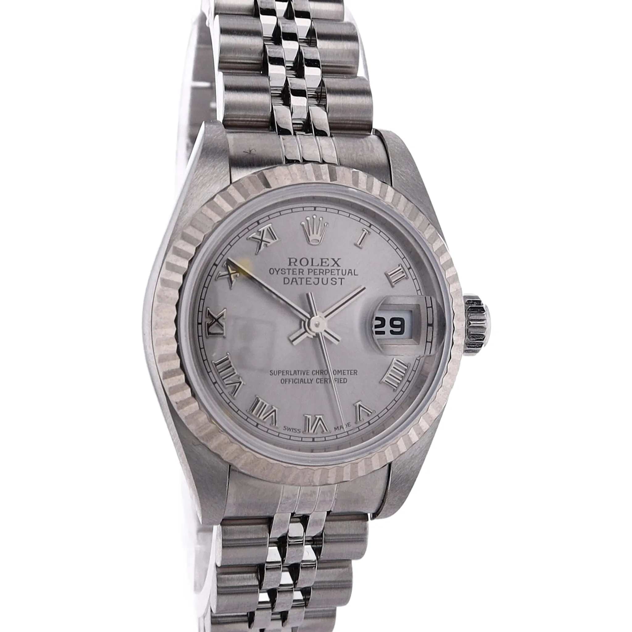 Estate Rolex Stainless Steel And 18 Karat White Gold OPDJ Rhodium Roman Dial 79174 W/Box & Papers C.2004