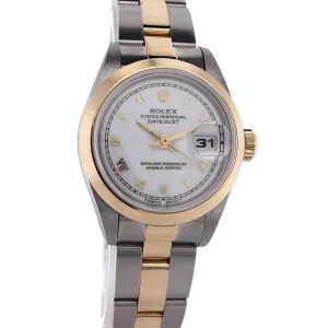 Estate Rolex Stainless Steel and 18 Karat Yellow Gold Ladies Oyster Perpetual Date Just White Roman Dial W/Box C.1989