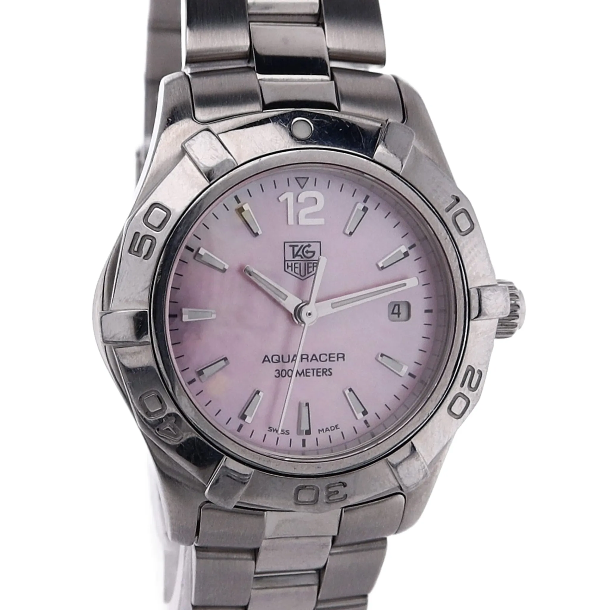Estate Tag Heuer Stainless Steel Aquaracer Pink Mother of Pearl Dial Polished Brushed Bracelet RBA2983Quartz