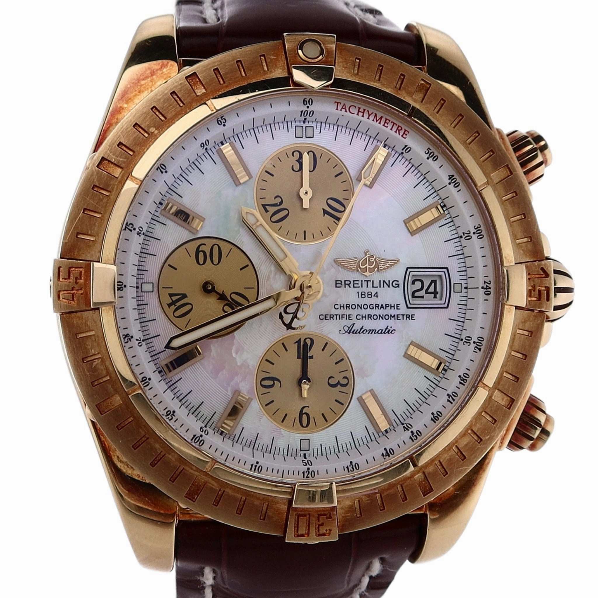 Estate Breitling 18 Karat Yellow Gold Gents Chronomat Evolution 43.7mm MOP Dial Gold Sub Dials Brown Croc Tang Strap K1335611 With Box