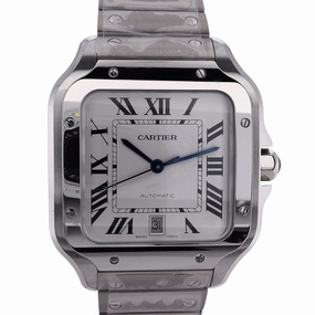 Estate Cartier Stainless Steel Gents Large Santos De Cartier Silver Roman Dial Brushed Bracelet Automatic With Box and Card