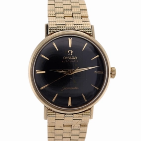 Estate Omega 14 Karat Yellow Gold Gents Vintage Automatic Seamaster Black Dial Textured Brick Bracelet