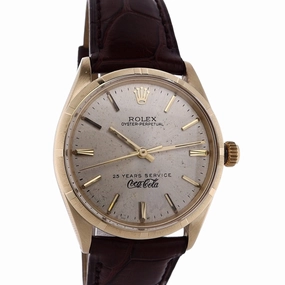 Estate Rolex 14 Karat Yellow Gold Gents Vintage Oyster Perpetual Silver Index Dial Engine Turned Bezel Brown Alligator Strap  Coca-Cola 25 years C.1966