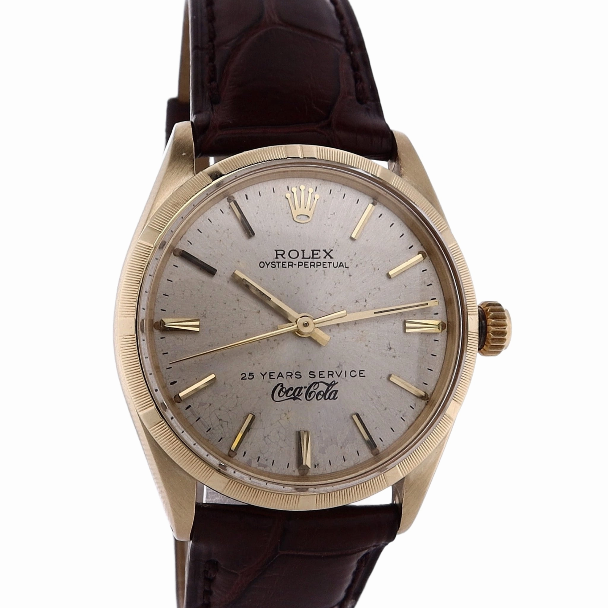 Estate Rolex 14 Karat Yellow Gold Gents Vintage Oyster Perpetual Silver Index Dial Engine Turned Bezel Brown Alligator Strap  Coca-Cola 25 years C.1966