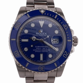 Estate Rolex 18 Karat White Gold Gents 40mm Oyster Perpetual Date Submariner Smurf Blue Dial Ceramic Blue Bezel 116619 With Box C.2008