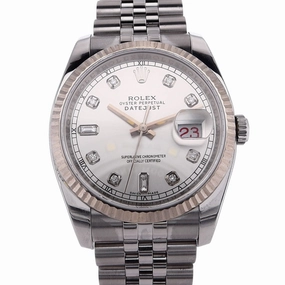 Estate Rolex Stainless Steel and 18 Karat White Gold Gentlemen's 36mm Oyster Perpetual Datejust Custom Silver Diamond Dial 18kw Fluted Bezel Jubilee Bracelet 116234 C. Random 2011 