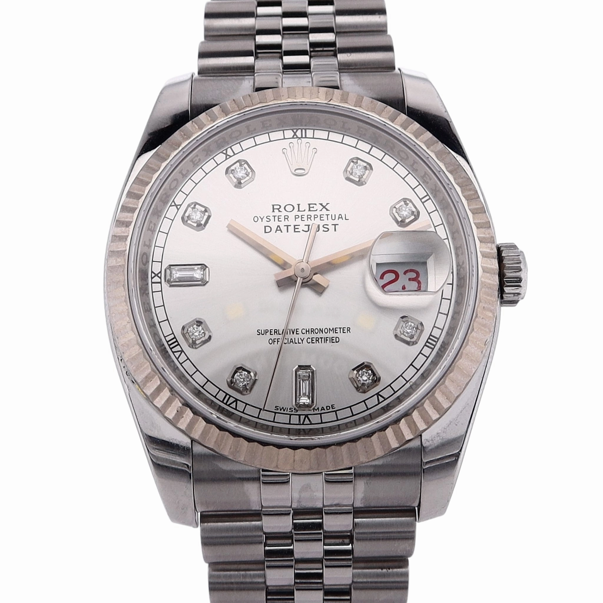 Estate Rolex Stainless Steel and 18 Karat White Gold Gentlemen's 36mm Oyster Perpetual Datejust Custom Silver Diamond Dial 18kw Fluted Bezel Jubilee Bracelet 116234 C. Random 2011 