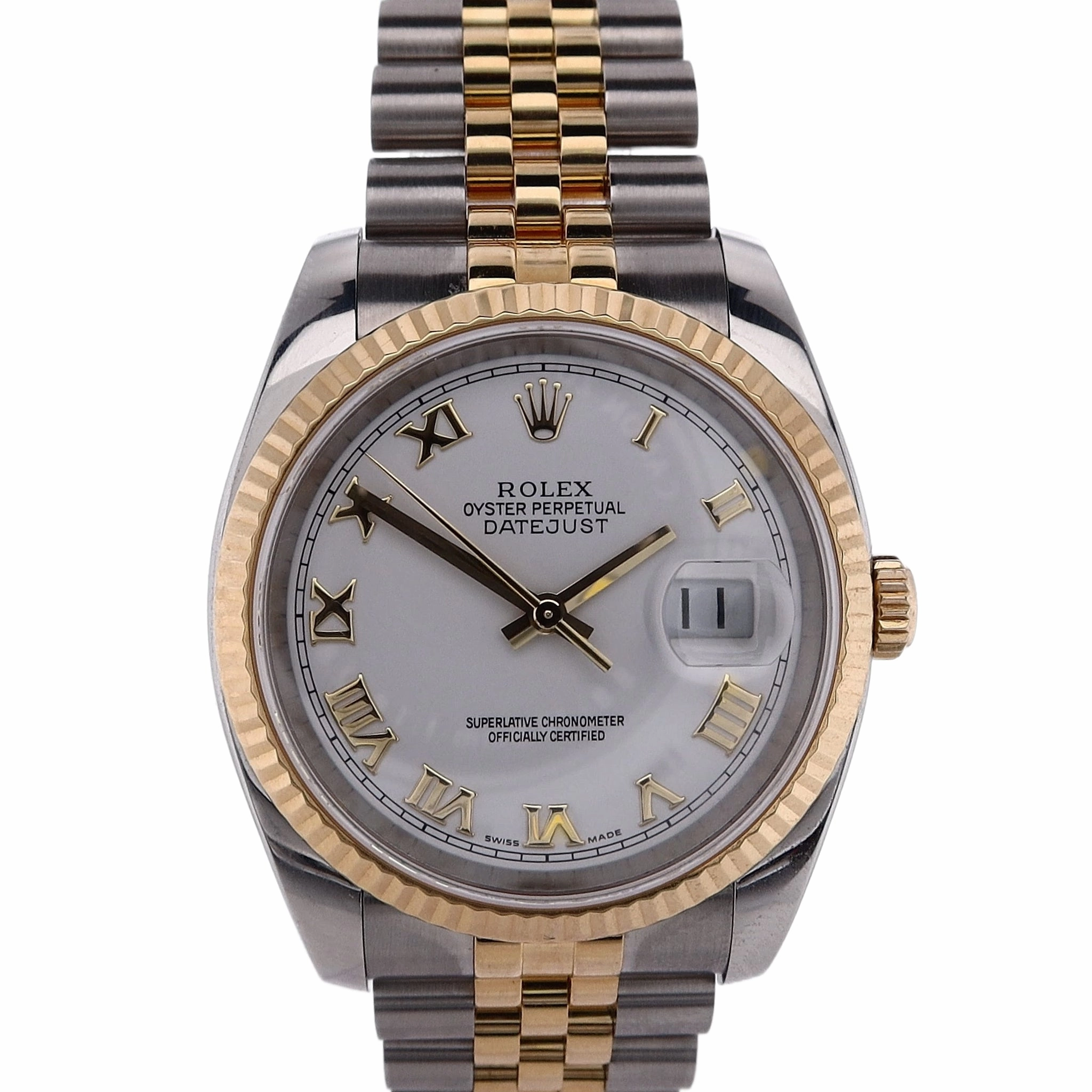 Estate Rolex Stainless Steel and 18 Karat Yellow Gold Gents OPDJ White Roman Dial Fluted Bezel Jubilee Bracelet 116233 With Box and Card C.2006