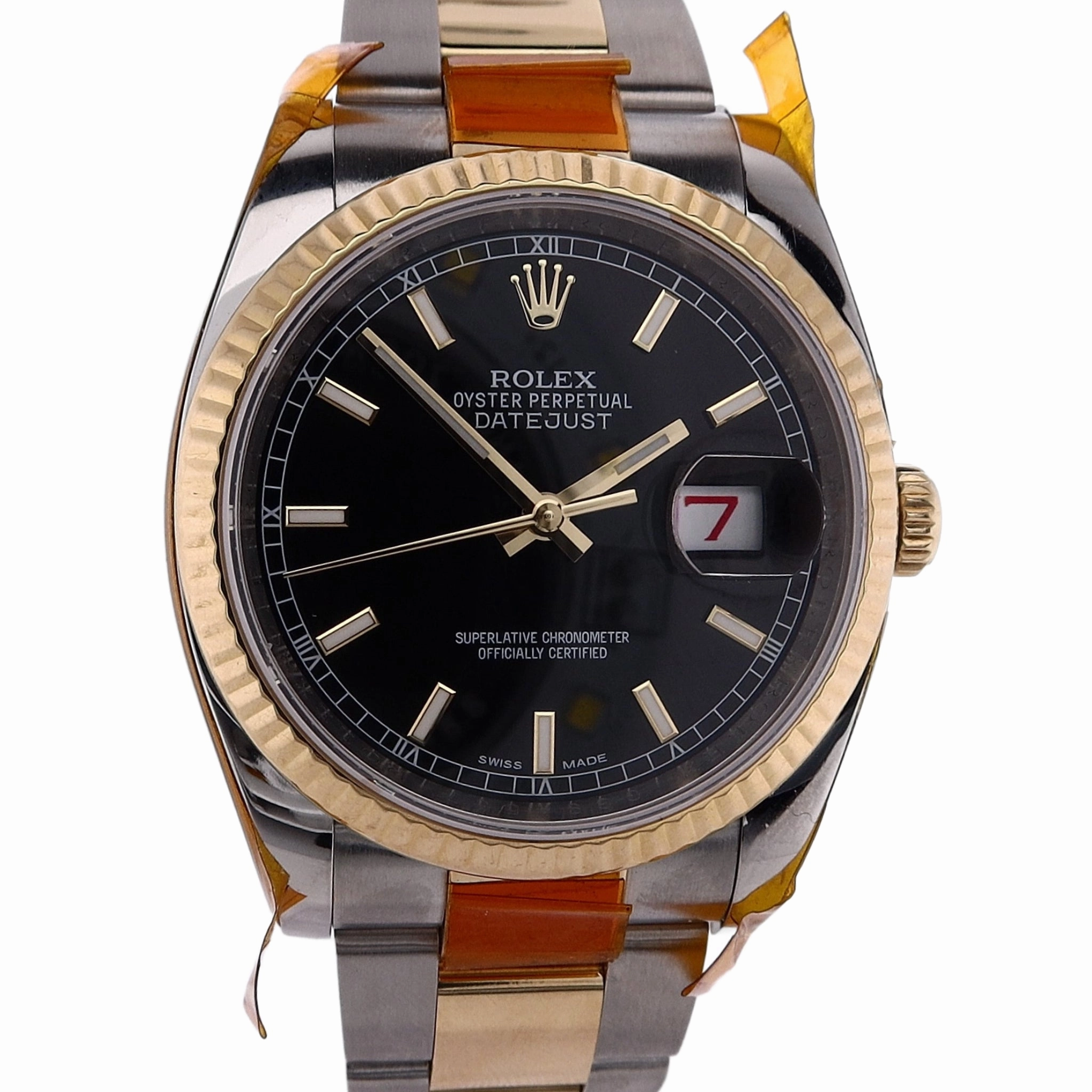 Estate Rolex Stainless Steel and 18 Karat Yellow Gold Gents Oyster Perpetual Date Just Black Index Dial Oyster Bracelet 116233 C.2010