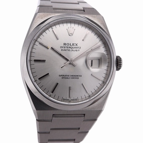 Estate Rolex Stainless Steel Oyster Perpetual Date Just Silver Index Dial Smooth Bezel Oyster Bracelet C.1978
