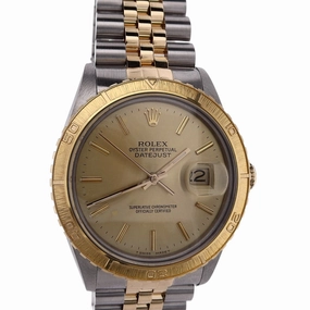 Estate Rolex Two-Tone Gents Oyster Perpetual Date Just Turn-O-Graph Champagne Dial Engine Turned 16253 C.1986 With Box And Paper