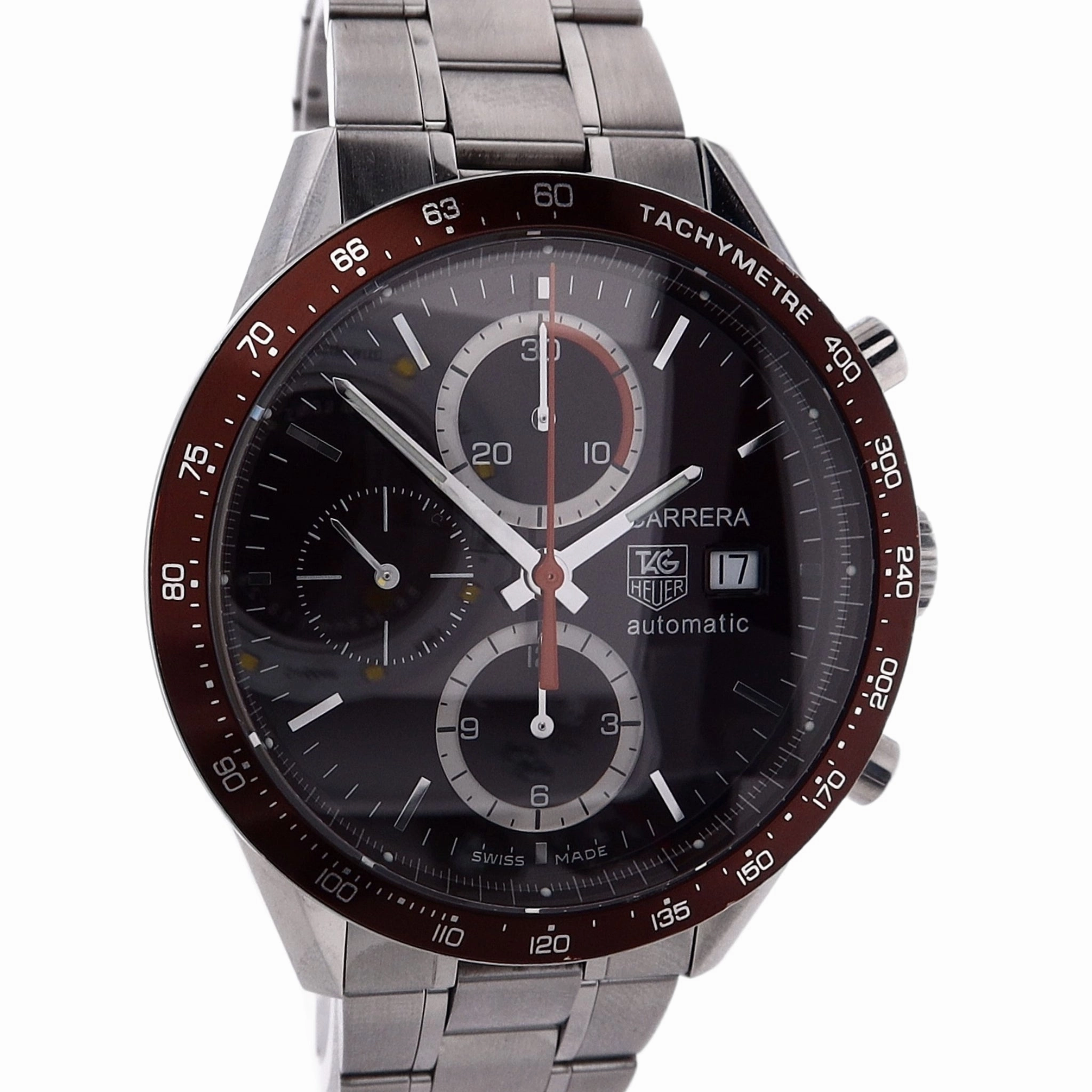 Estate Tag Heuer Stainless Steel 41mm Carrera Chronograph Calibre 16 Brown Beze3l and Dial CV2013 With Box And Additional Strap