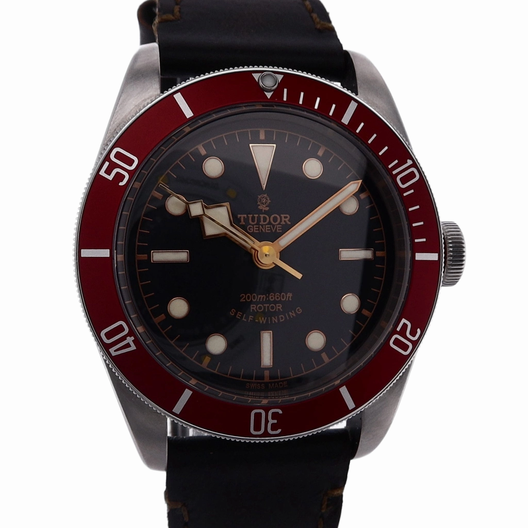 Estate Tudor Stainless Steel Gents Black Bay Heritage Black Index Dial Maroon Bezel With Box 79220R