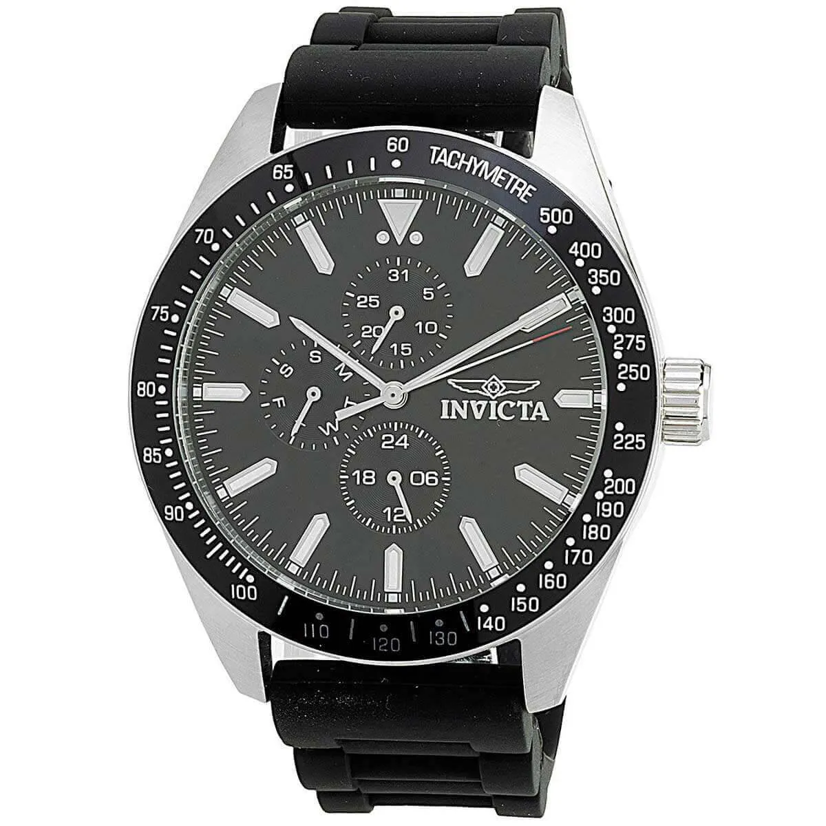 Invicta Men's Chrono Watch - Aviator Silver Tone Case Black Silicone Strap | 38402