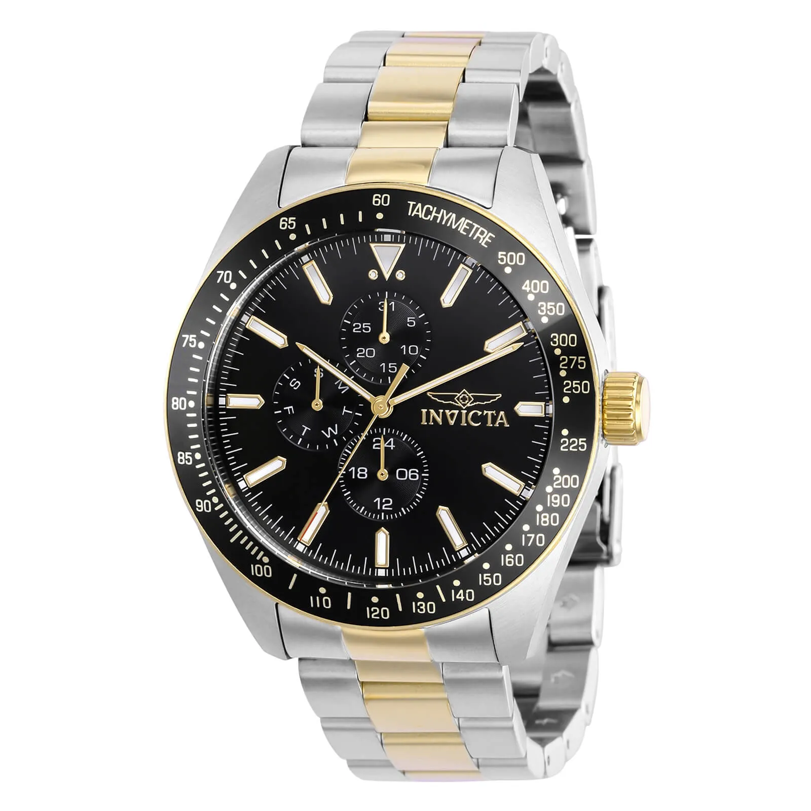 Invicta Men's Chronograph Watch - Aviator Black Bezel Two Tone Bracelet | 38969