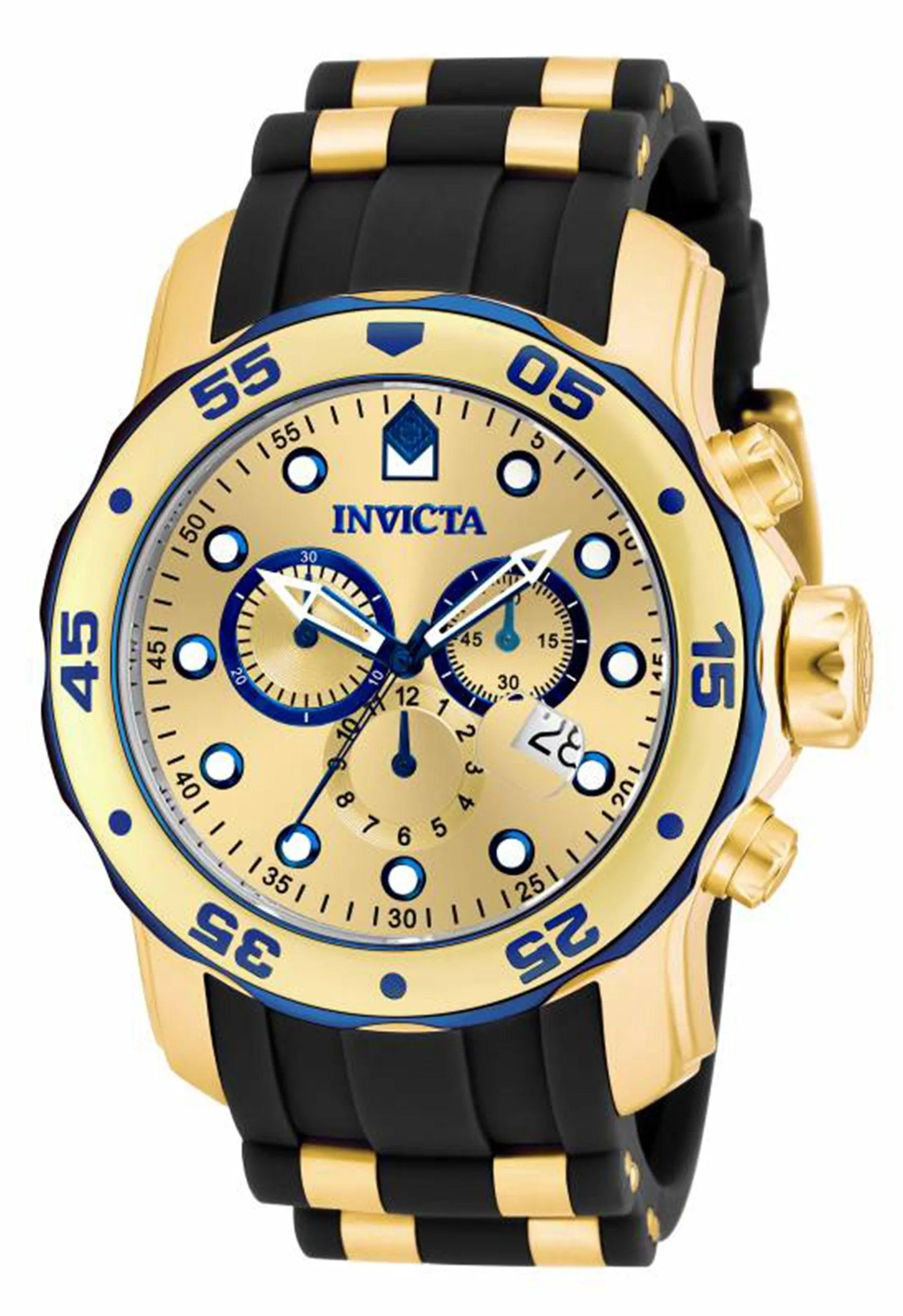 Invicta Men's Chronograph Watch - Pro Diver Gold Dial Yellow Gold Steel & Rubber Band