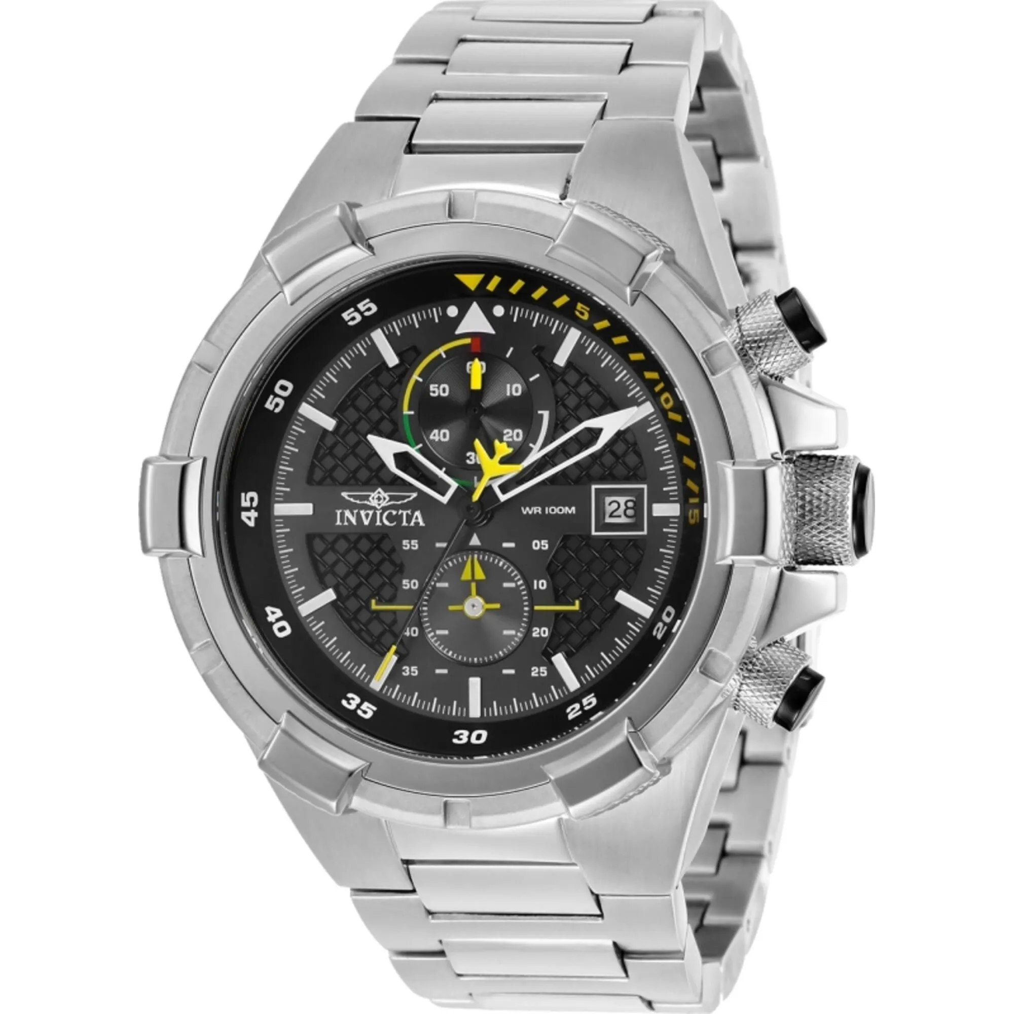 Invicta Men's Watch - Aviator Chronograph Black Dial Silver Steel Bracelet | 28108