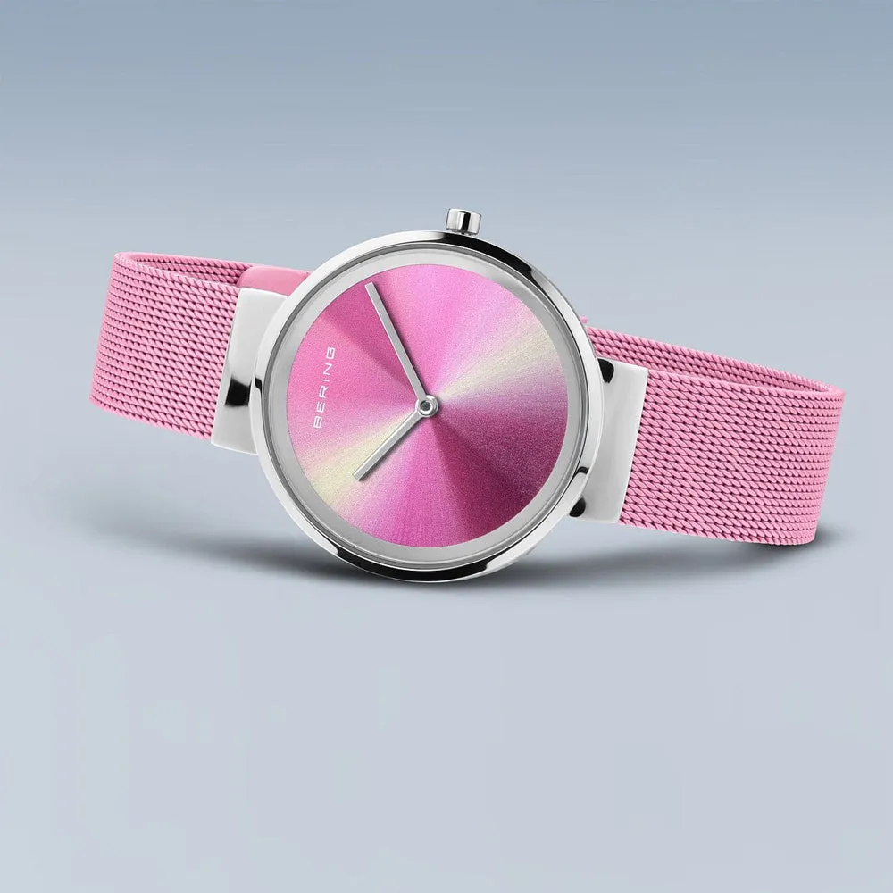 Ladies Bering Classic Pink Aurora Polished Silver Quartz Bracelet Watch, 19031-999