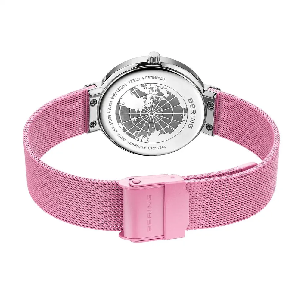 Ladies Bering Classic Pink Aurora Polished Silver Quartz Bracelet Watch, 19031-999