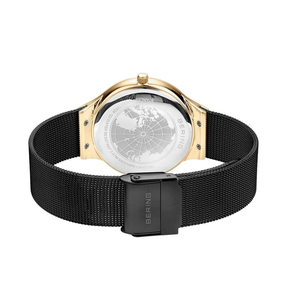 Ladies Bering Classic Polished Gold Black Pearl Dial Milanese 34mm Watch 12934-132