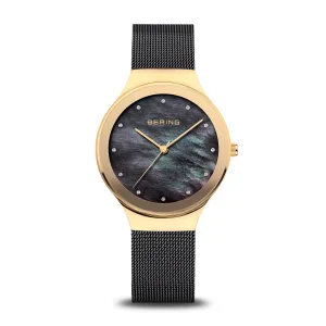 Ladies Bering Classic Polished Gold Black Pearl Dial Milanese 34mm Watch 12934-132