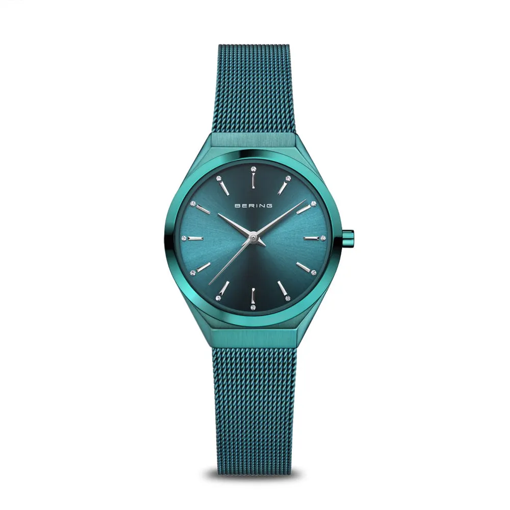 Ladies Bering Ultra Slim Green Sunray Dial Milanese Watch 18729-888