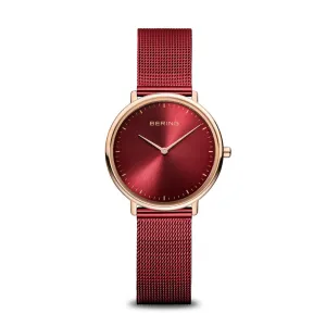 Ladies Bering Ultra Slim Red Sunray Dial Rose Gold Milanese Watch 15729-363