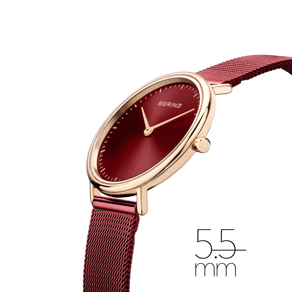Ladies Bering Ultra Slim Red Sunray Dial Rose Gold Milanese Watch 15729-363