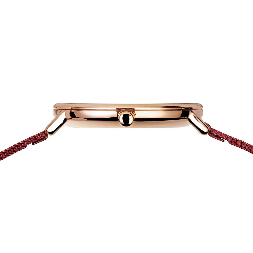 Ladies Bering Ultra Slim Red Sunray Dial Rose Gold Milanese Watch 15729-363