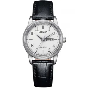 Ladies Citizen Eco-Drive Day/Date Stainless Steel Leather Strap Watch, EW3261-06A