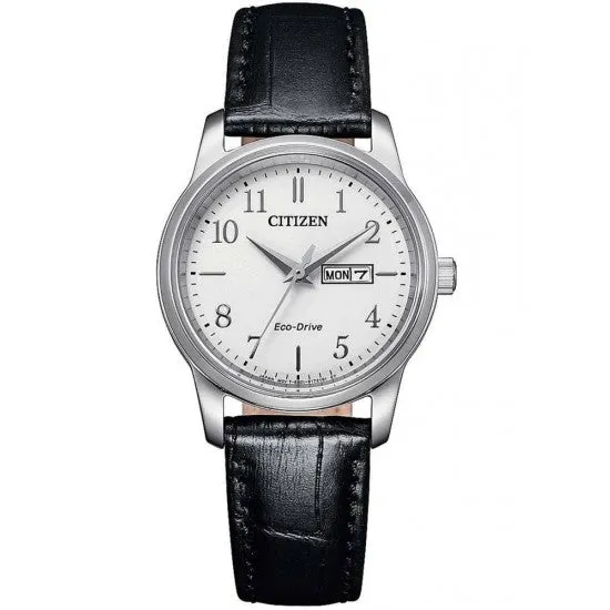 Ladies Citizen Eco-Drive Day/Date Stainless Steel Leather Strap Watch, EW3261-06A