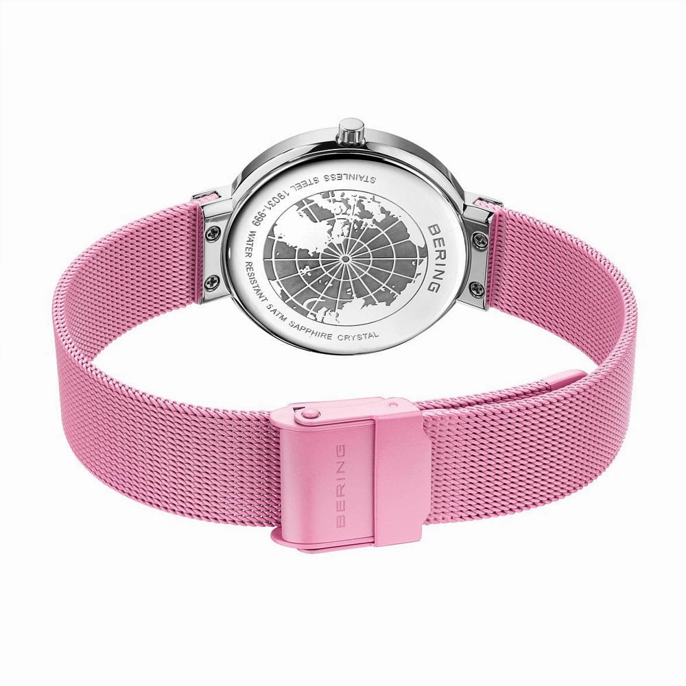 Ladies Bering Classic Pink Aurora Polished Silver Quartz Bracelet Watch, 19031-999