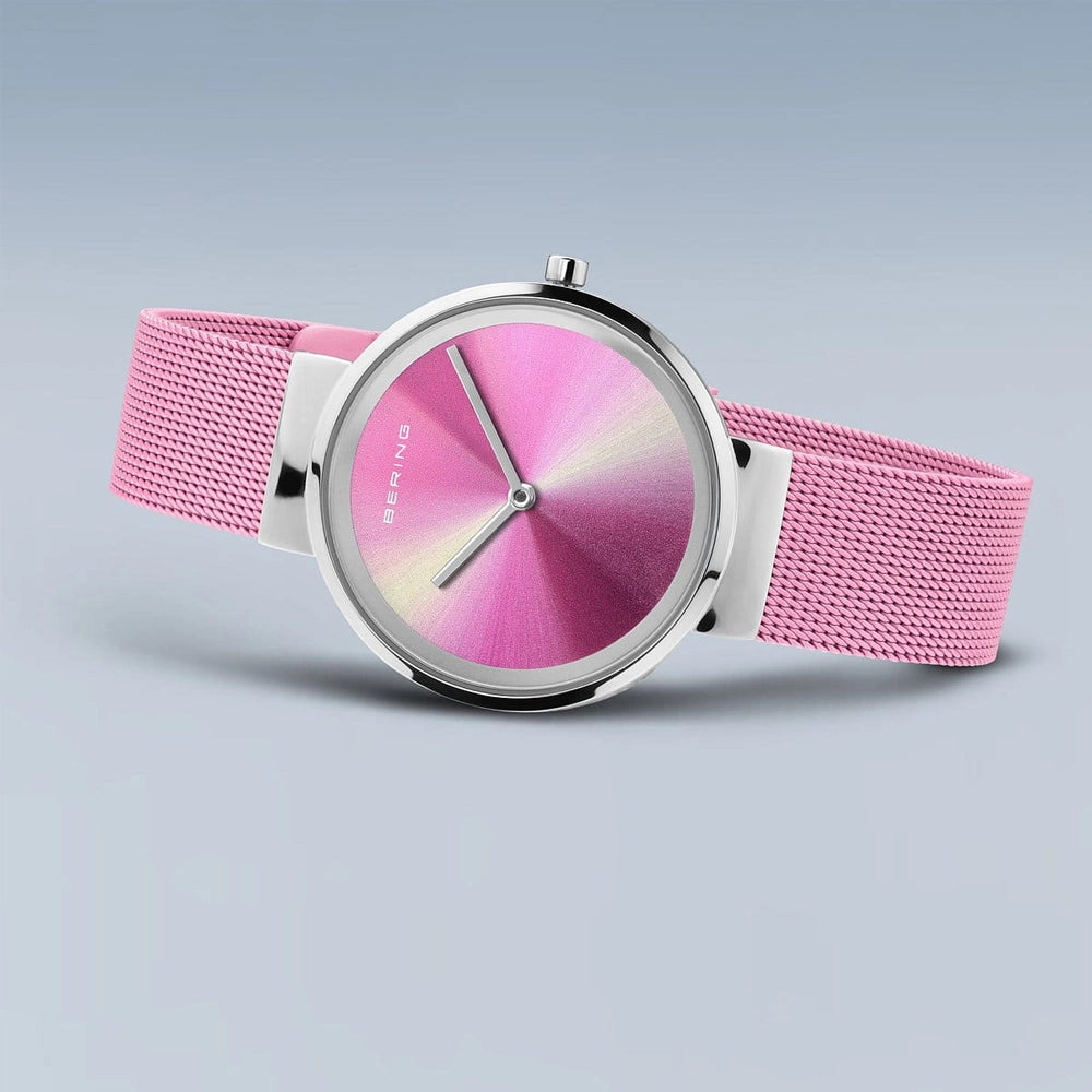 Ladies Bering Classic Pink Aurora Polished Silver Quartz Bracelet Watch, 19031-999