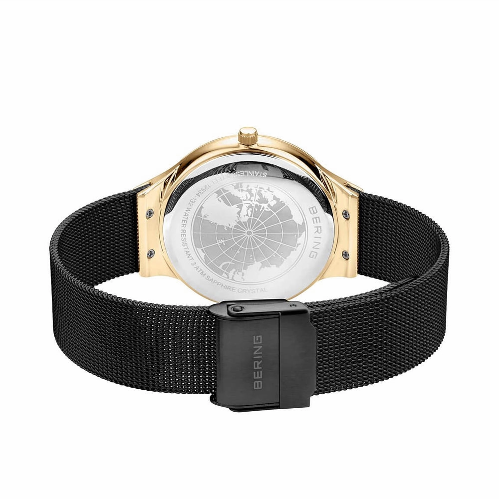 Ladies Bering Classic Polished Gold Black Pearl Dial Milanese 34mm Watch 12934-132