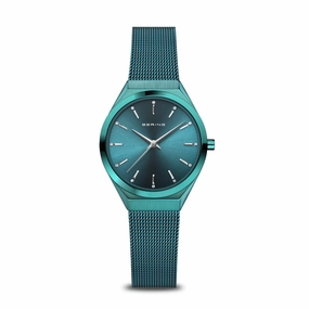 Ladies Bering Ultra Slim Green Sunray Dial Milanese Watch 18729-888