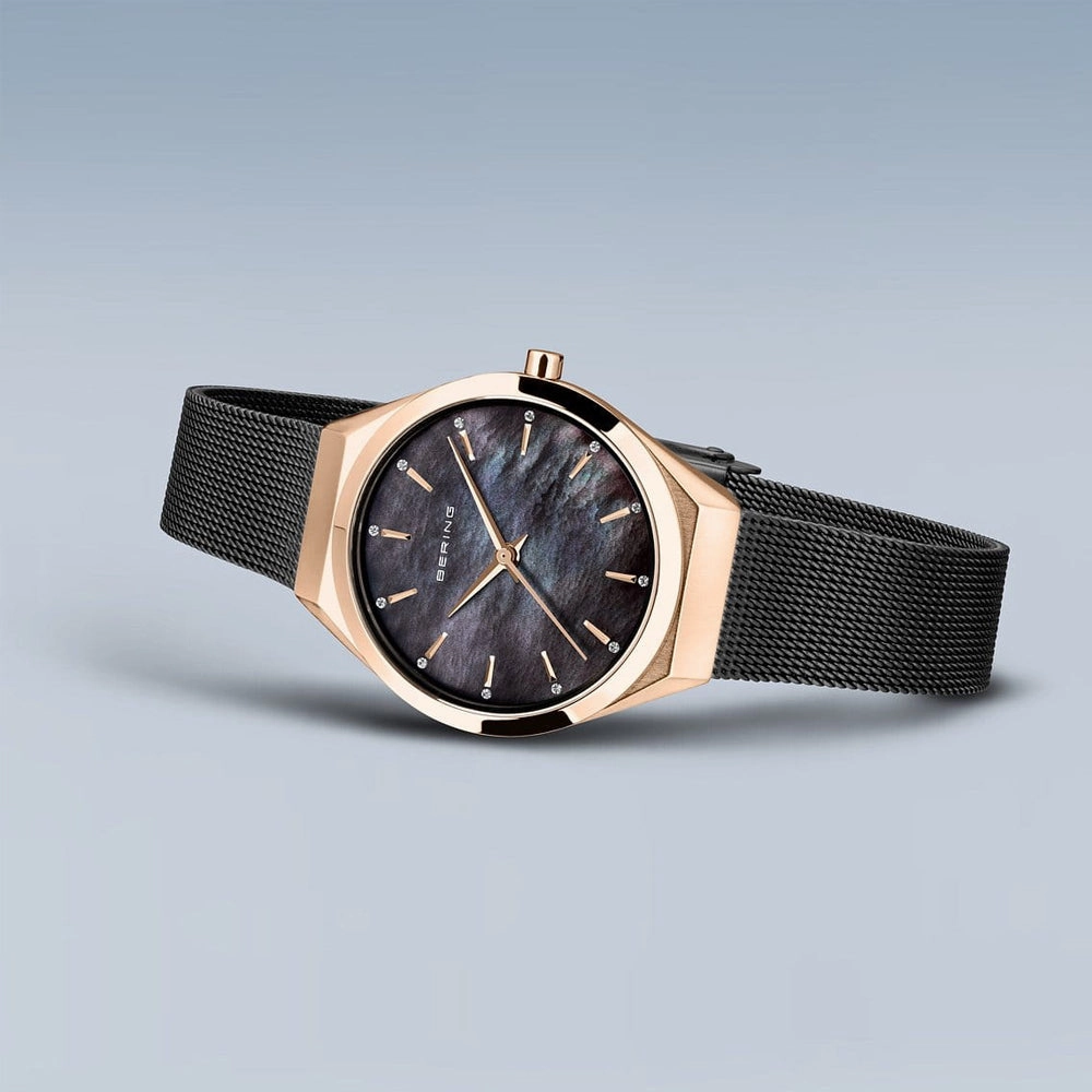 Ladies Bering Ultra Slim Polished Brushed Rose Gold Black Pearl Dial Watch | 18729-166