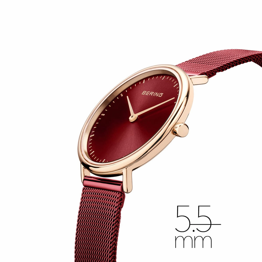 Ladies Bering Ultra Slim Red Sunray Dial Rose Gold Milanese Watch 15729-363