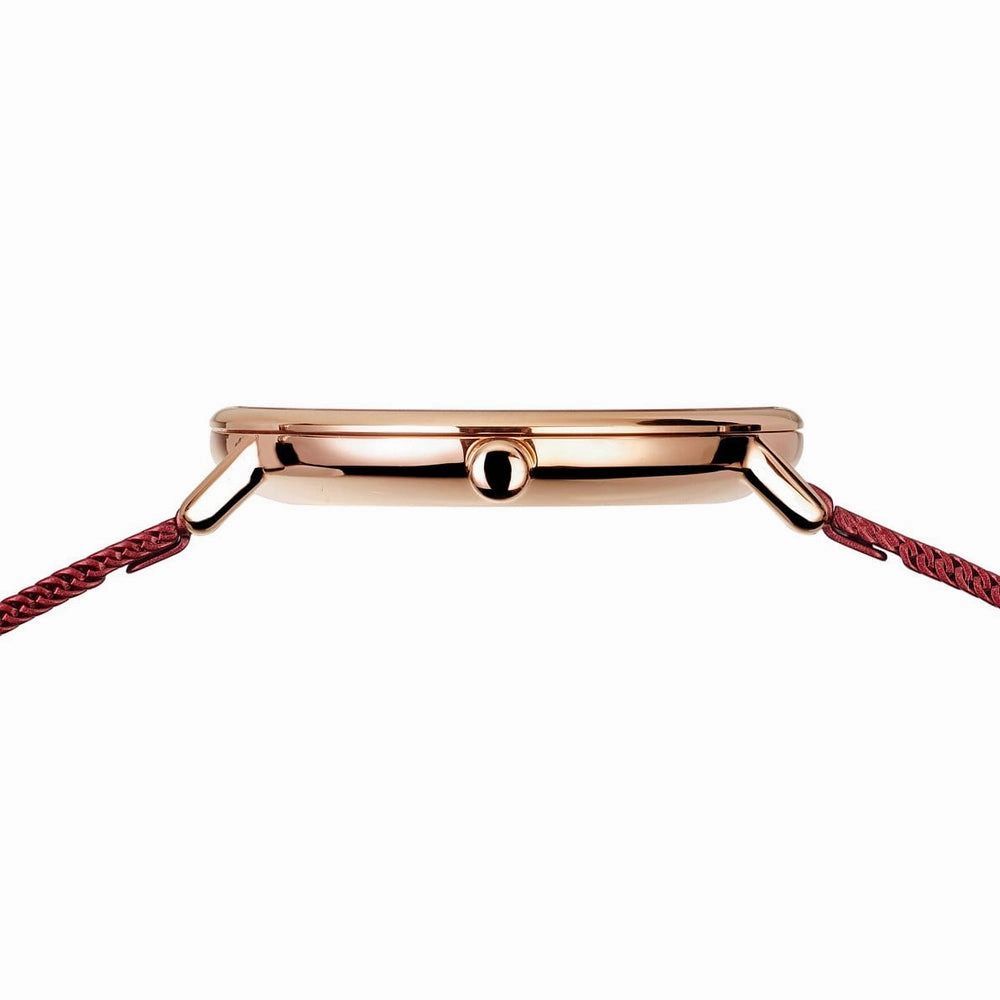 Ladies Bering Ultra Slim Red Sunray Dial Rose Gold Milanese Watch 15729-363