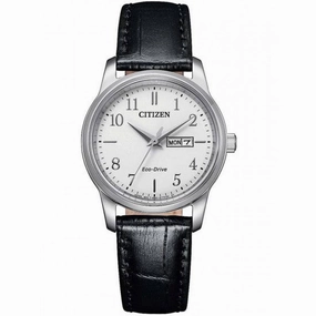 Ladies Citizen Eco-Drive Day/Date Stainless Steel Leather Strap Watch, EW3261-06A